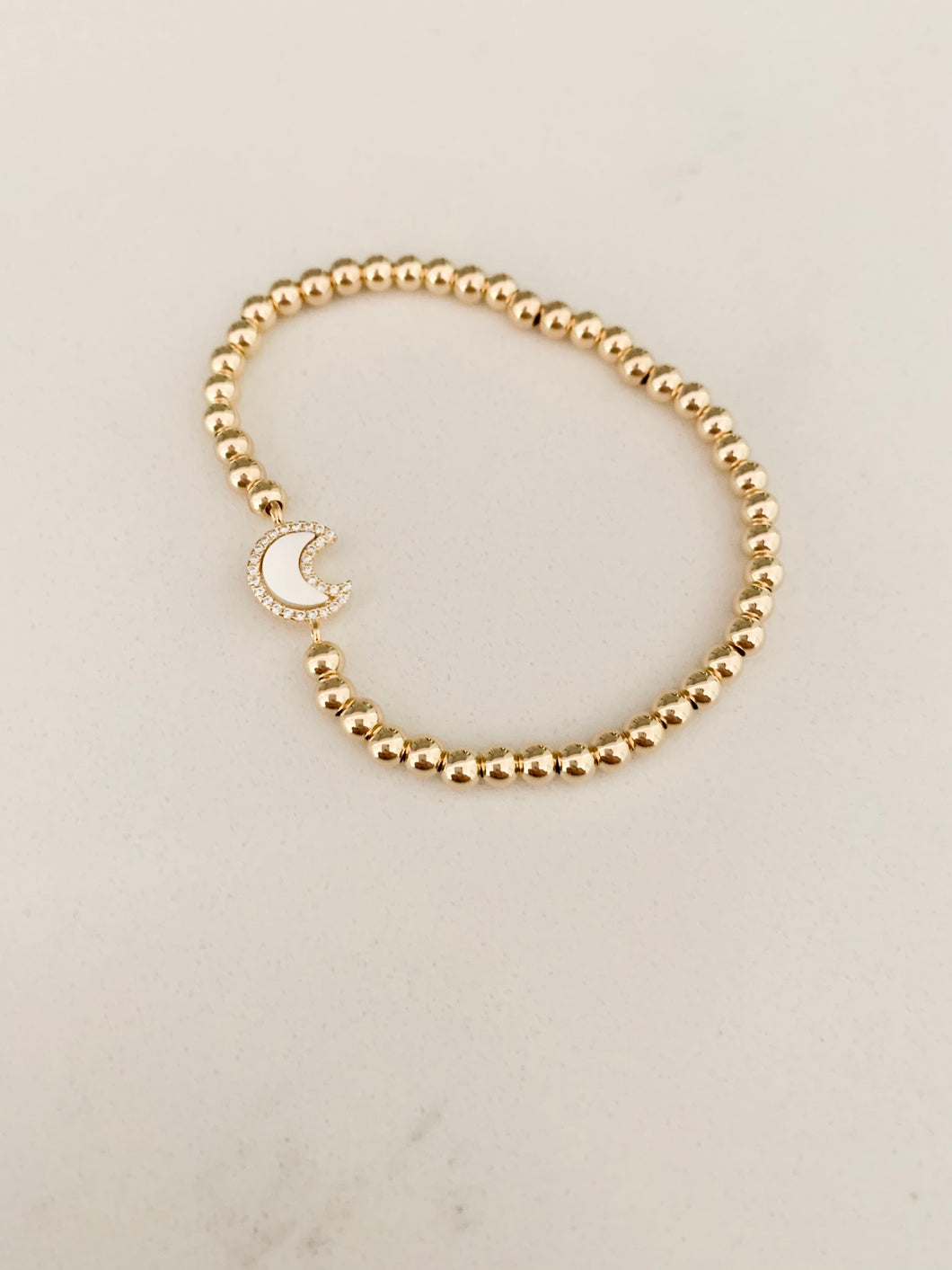 Mother of Pearl CZ Moon Bracelet- Gold Beads